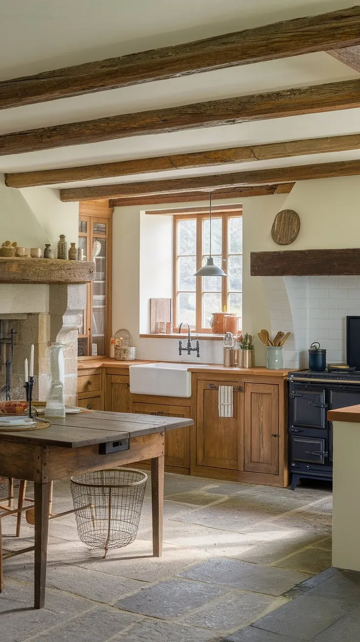 A stone fireplace and aged wood create a cozy and inviting atmosphere in this charming cottage kitchen.