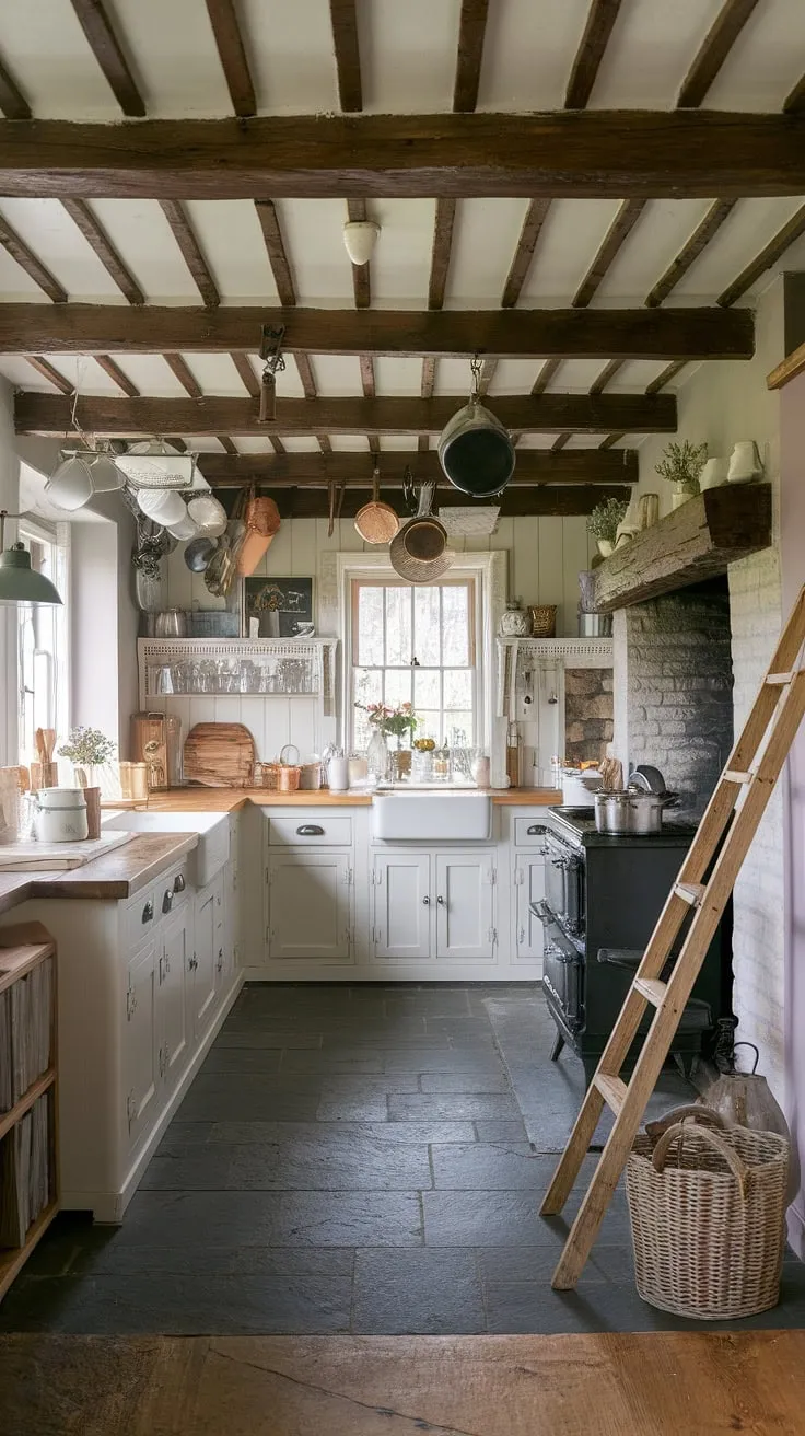 This charming cottage kitchen's stone fireplace, wooden beams, and vintage stove create a cozy farmhouse atmosphere.