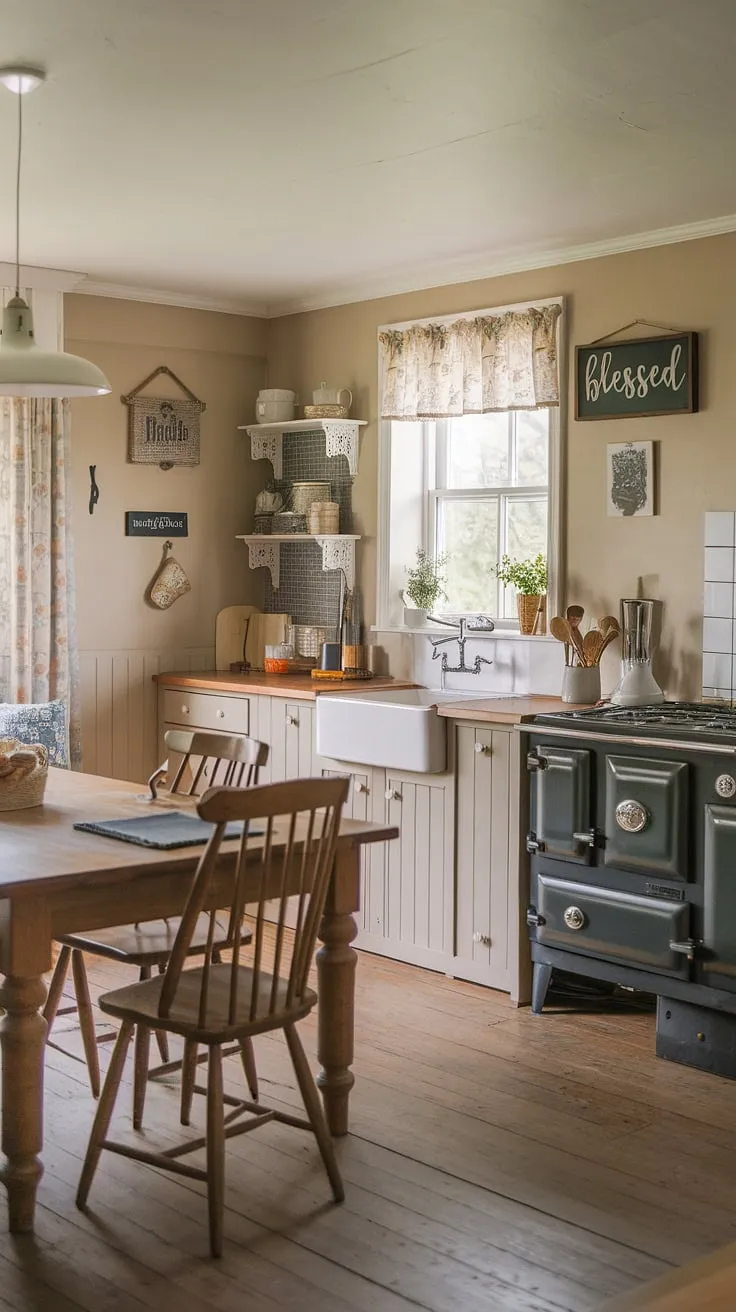 A charming cottage kitchen evokes a feeling of homey warmth and simple elegance