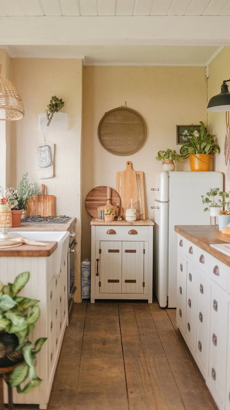 Warm lighting and rustic charm fill this inviting cottage kitchen, complete with wooden countertops and a cozy atmosphere.