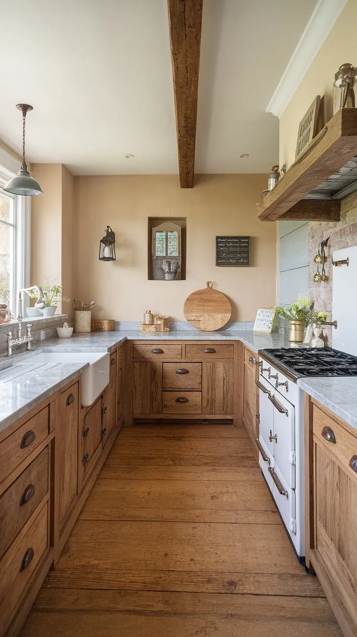 Warmth and charm fill this cottage kitchen, highlighted by its elegant marble countertops and wooden cabinetry.