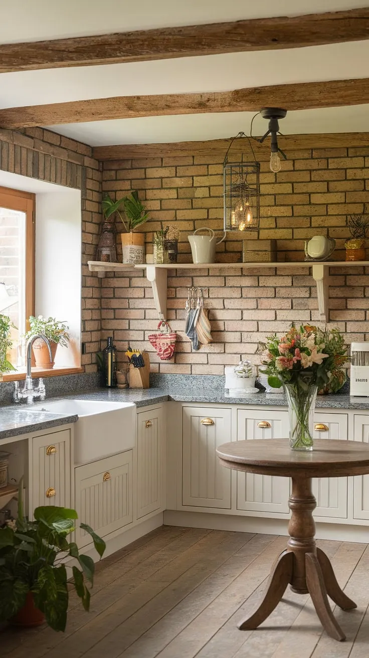 Warm lighting enhances the charming country cottage kitchen's wooden beams, white cabinets, and granite countertops