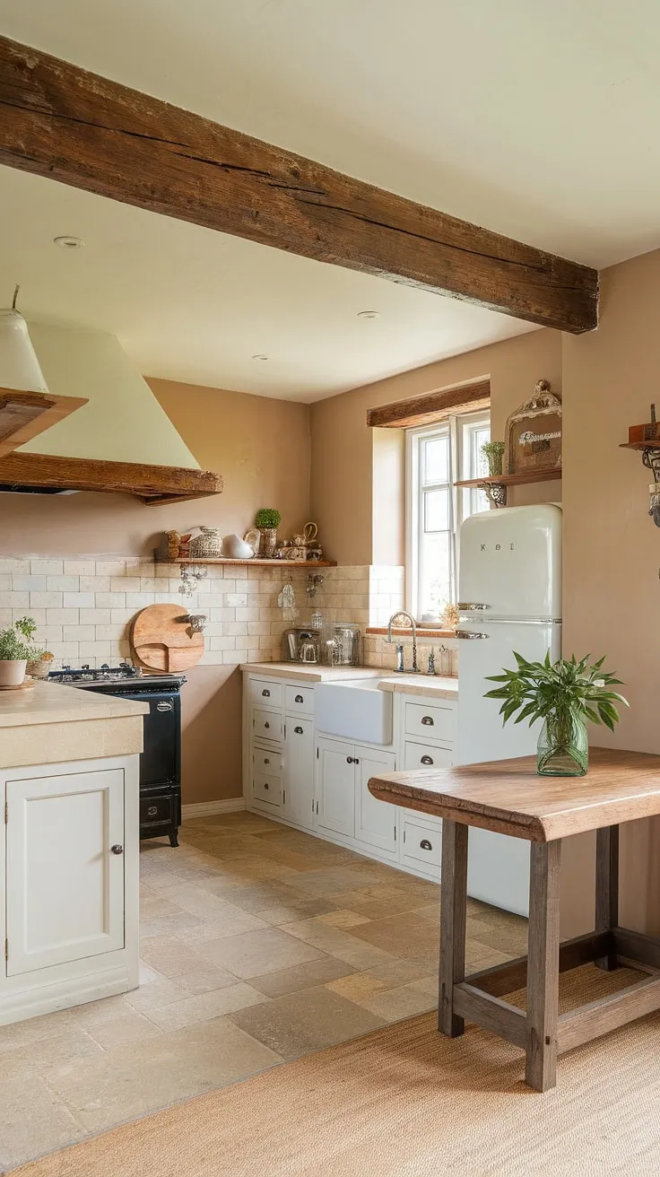 Rustic charm fills a cottage kitchen with white cabinets, beige stone counters, and a wooden beam adding warmth.