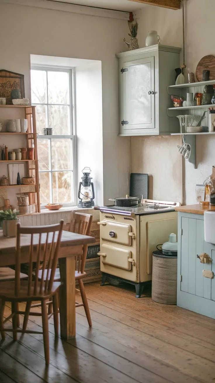 Rustic charm fills a cottage kitchen, complete with wooden floors, a vintage stove, and a cozy corner table.