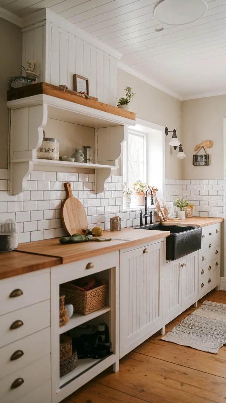 Natural light brightens a charming farmhouse kitchen with wooden cabinetry, a white subway tile backsplash, and a black farmhouse sink