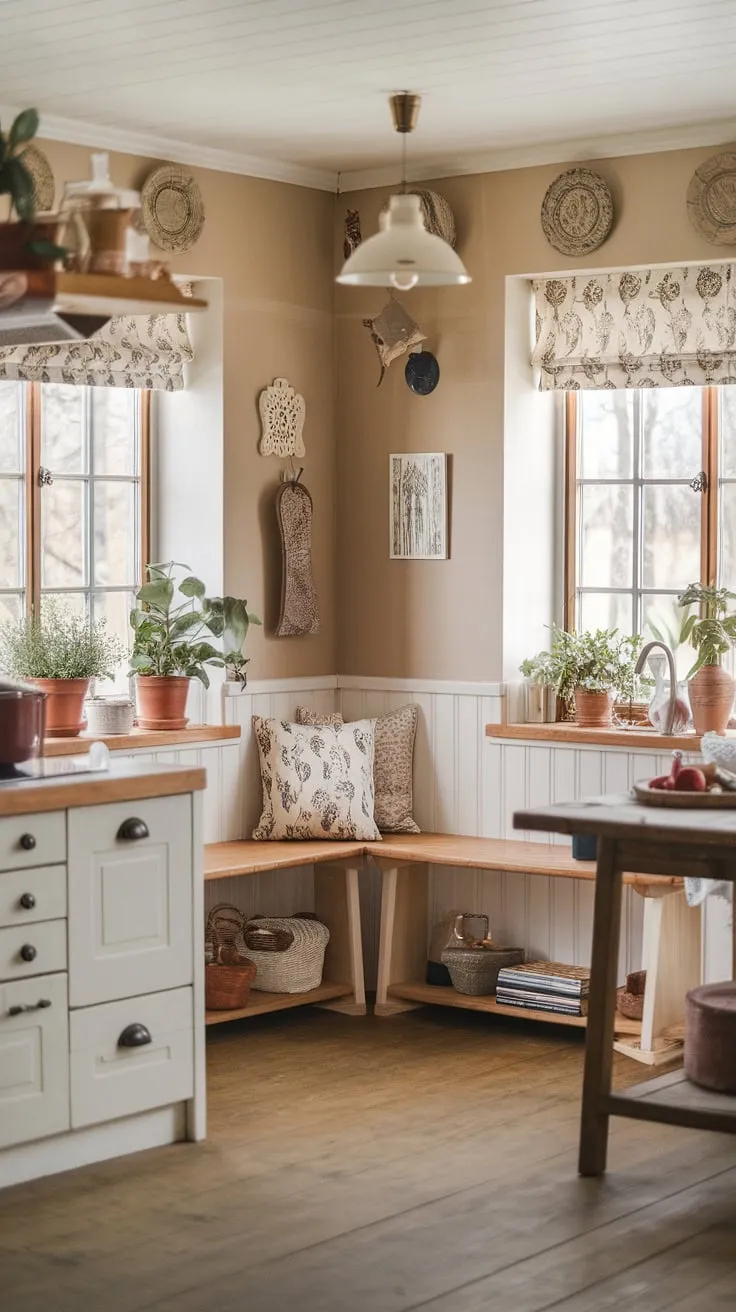 Warm beige and white hues, wood accents, and potted plants create a charming cottage kitchen.