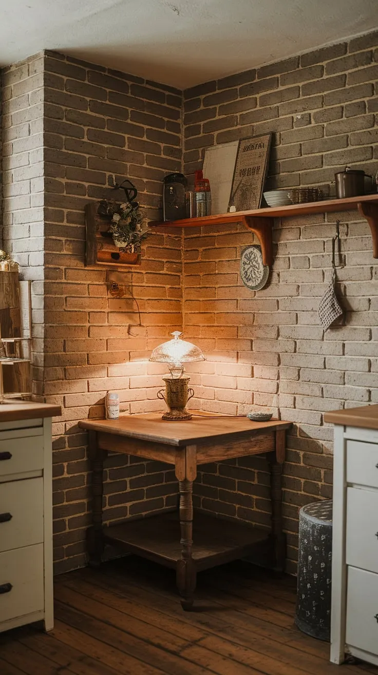Warmth and coziness fill this charming cottage kitchen, its wooden details and exposed brick creating a welcoming atmosphere