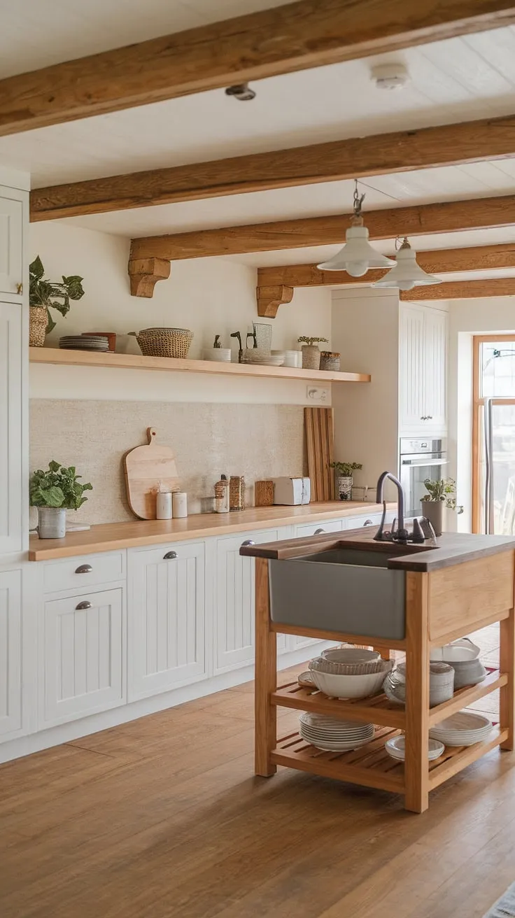 Cozy farmhouse charm fills this cottage kitchen with its wooden beams, white cabinets, and inviting island.
