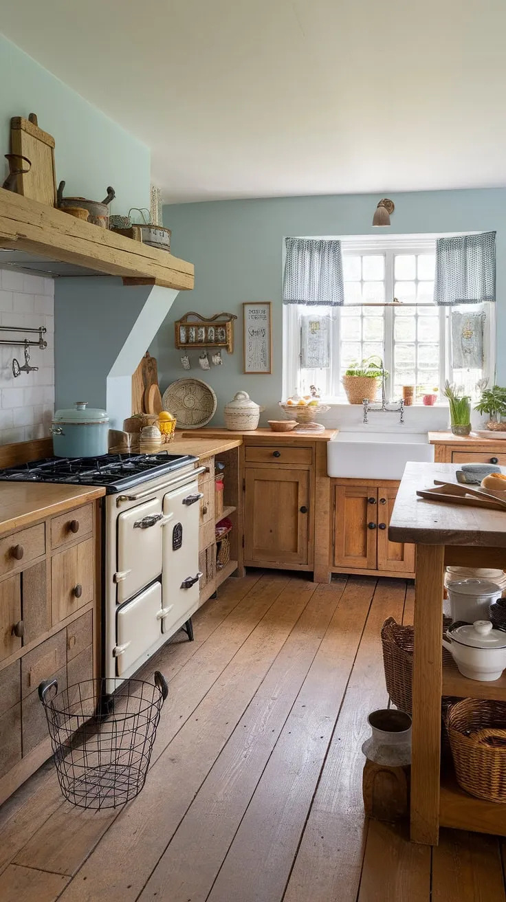 Rustic charm fills a light blue cottage kitchen, complete with wooden cabinetry, a farmhouse sink, and vintage stove.