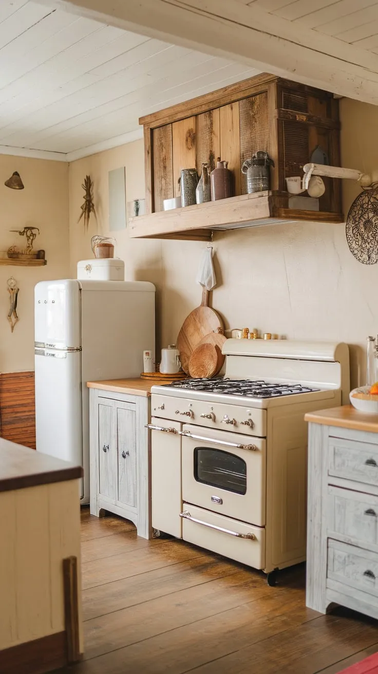 Warm beige tones and wooden accents create a cozy cottage kitchen atmosphere