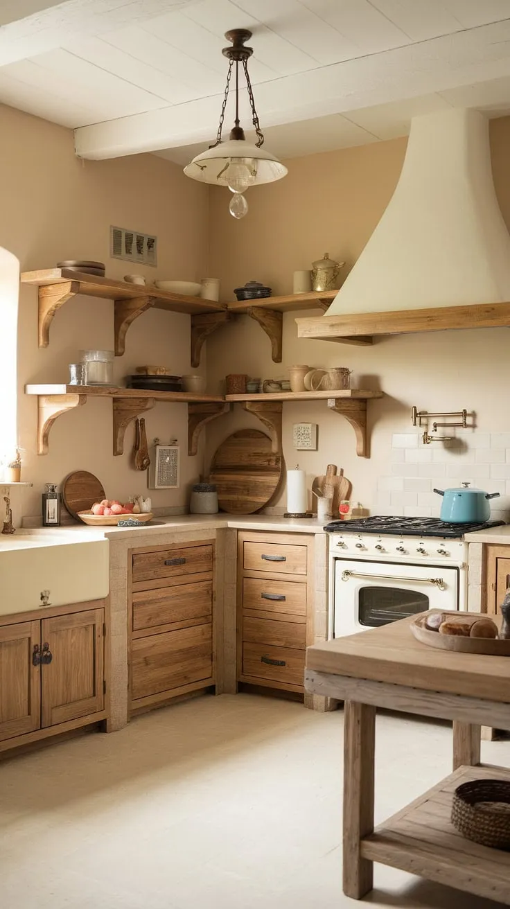 Rustic charm fills a cottage kitchen, its beige and wood tones creating a warm, inviting space.
