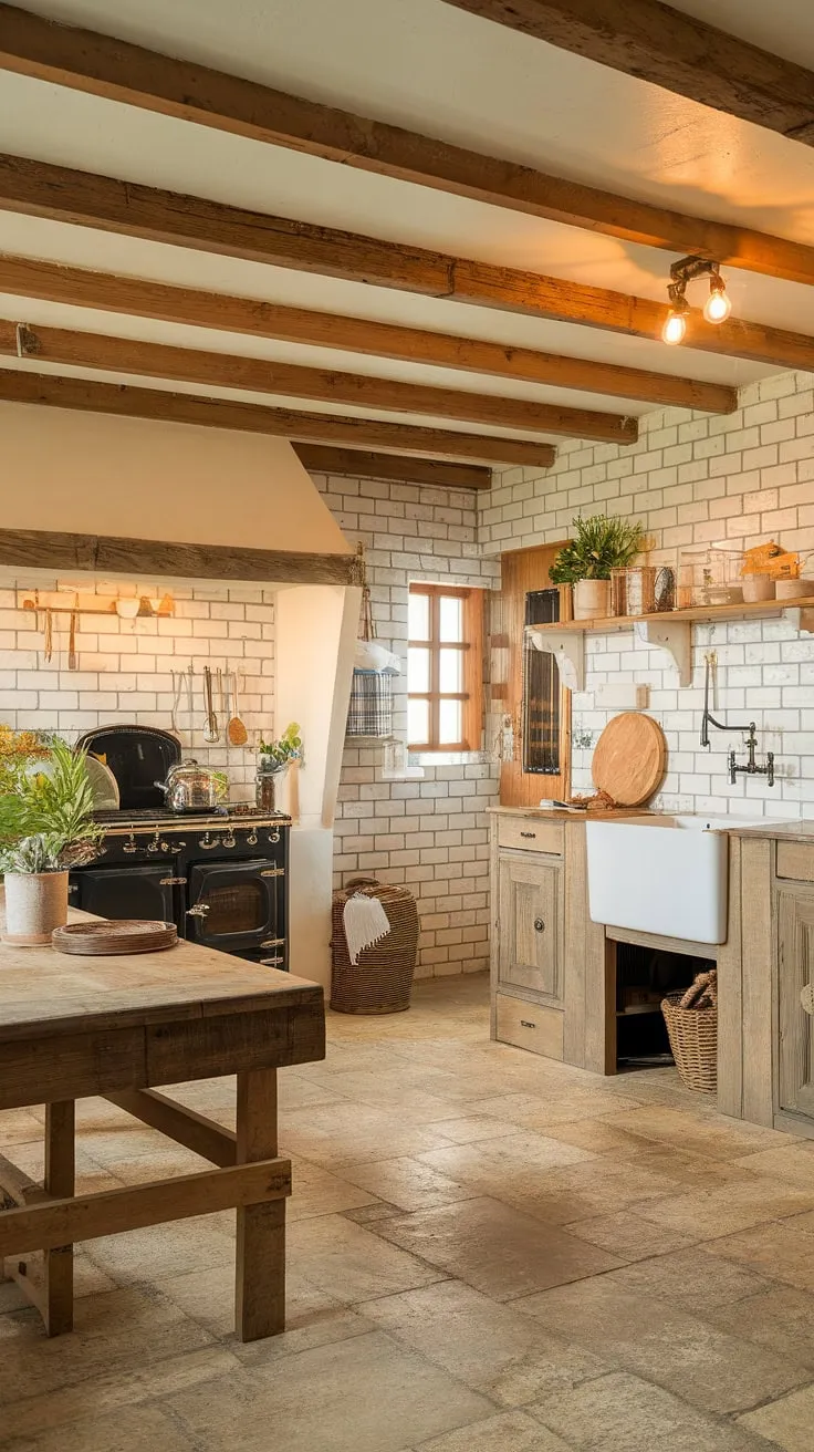 A cozy cottage kitchen boasts wooden accents, a white-brick wall, and a homey atmosphere.