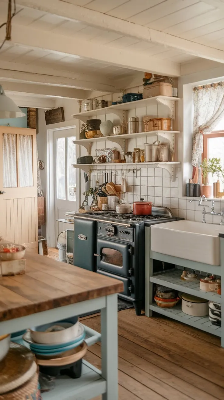 Cozy warmth fills a vintage cottage kitchen, complete with wooden counters and charmingly cluttered shelves.
