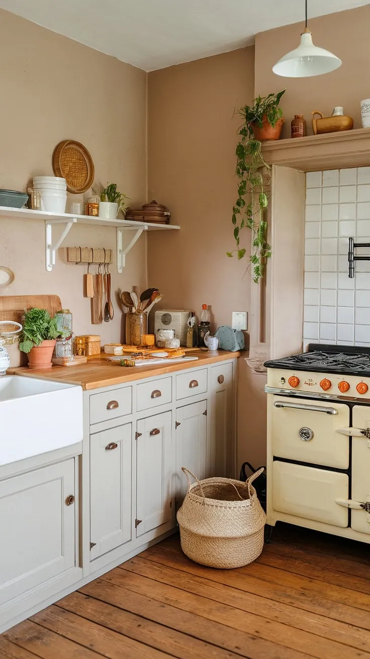 Warm beige walls and white cabinets create a charming kitchen, enhanced by wooden countertops, vintage stove, and potted plants.