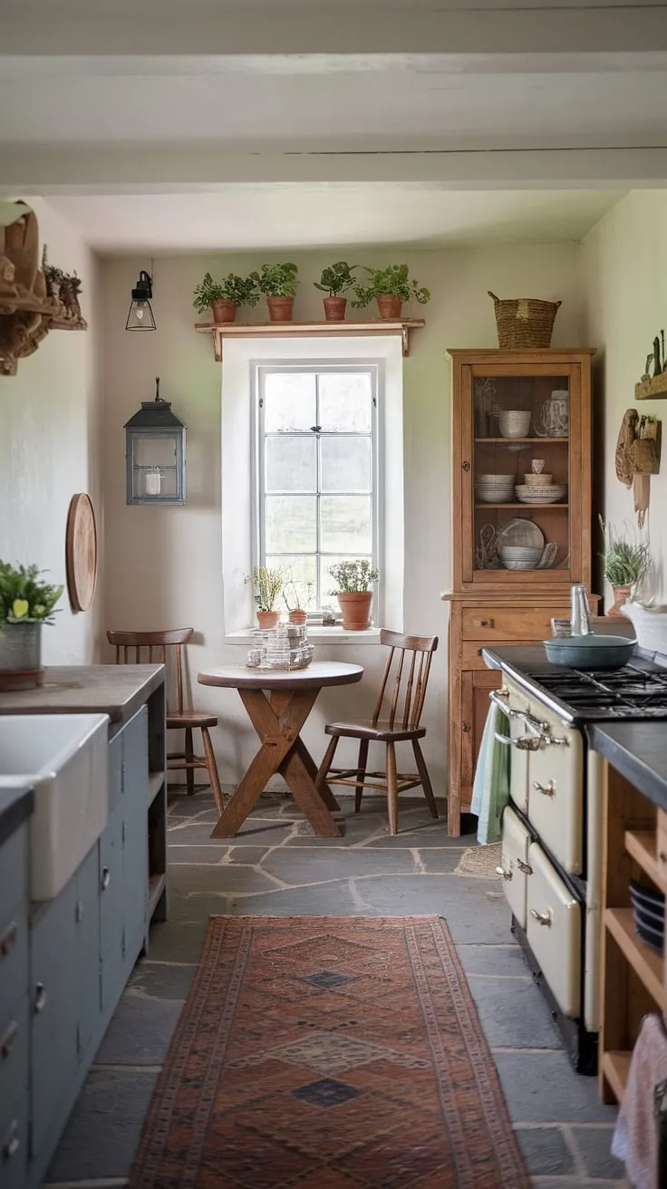 Enchanting country cottage kitchen evokes warmth and charm with vintage details and natural light