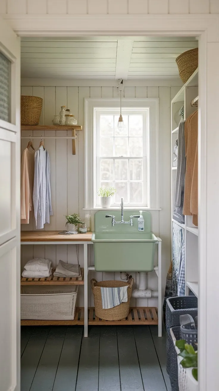 Organized and serene, a cottage-core laundry room boasts a green sink and wooden shelves, creating a peaceful atmosphere.