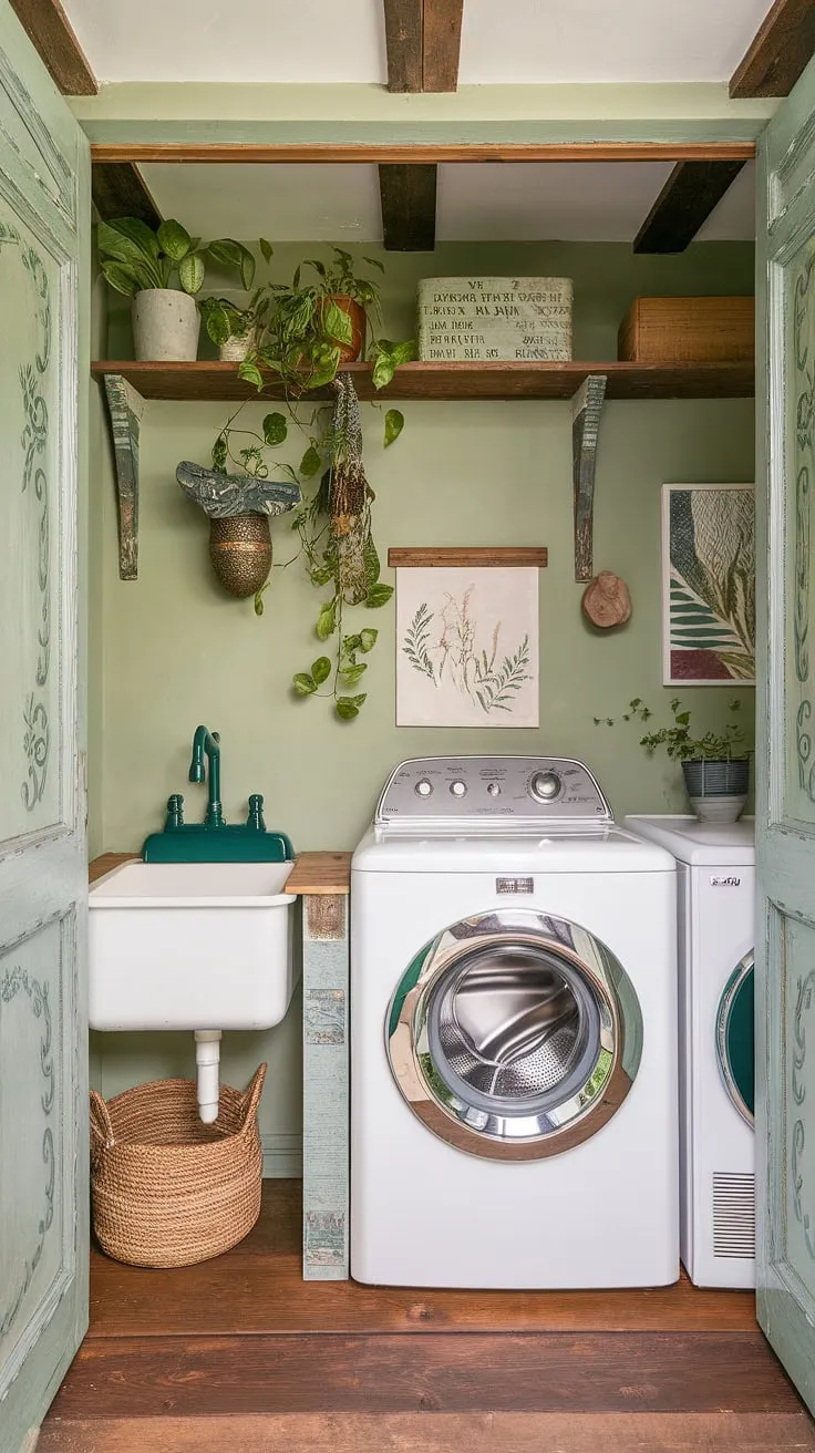 A charming cottagecore laundry room blends vintage and modern appliances with a green-walled, plant-filled haven.