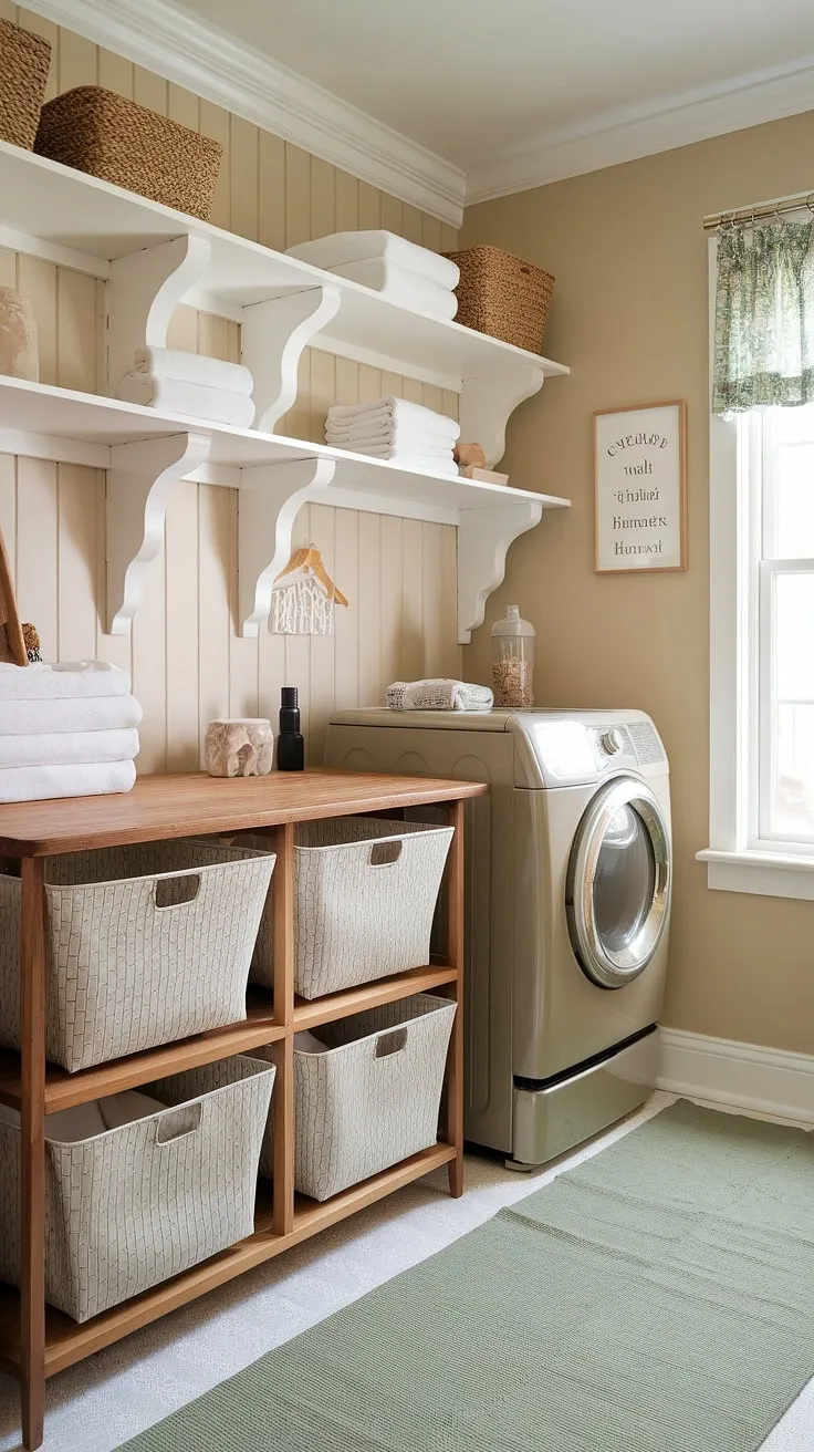 A charming cottage laundry room blends rustic wooden accents and a vintage washer with modern convenience in a calming beige and green space.