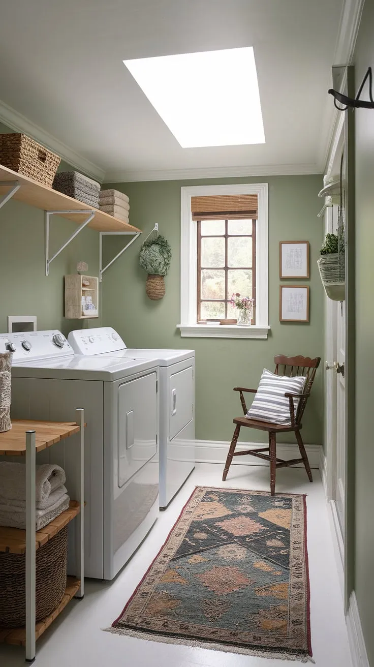 Sunlight streams into a charming green laundry room, creating a bright and cozy atmosphere.