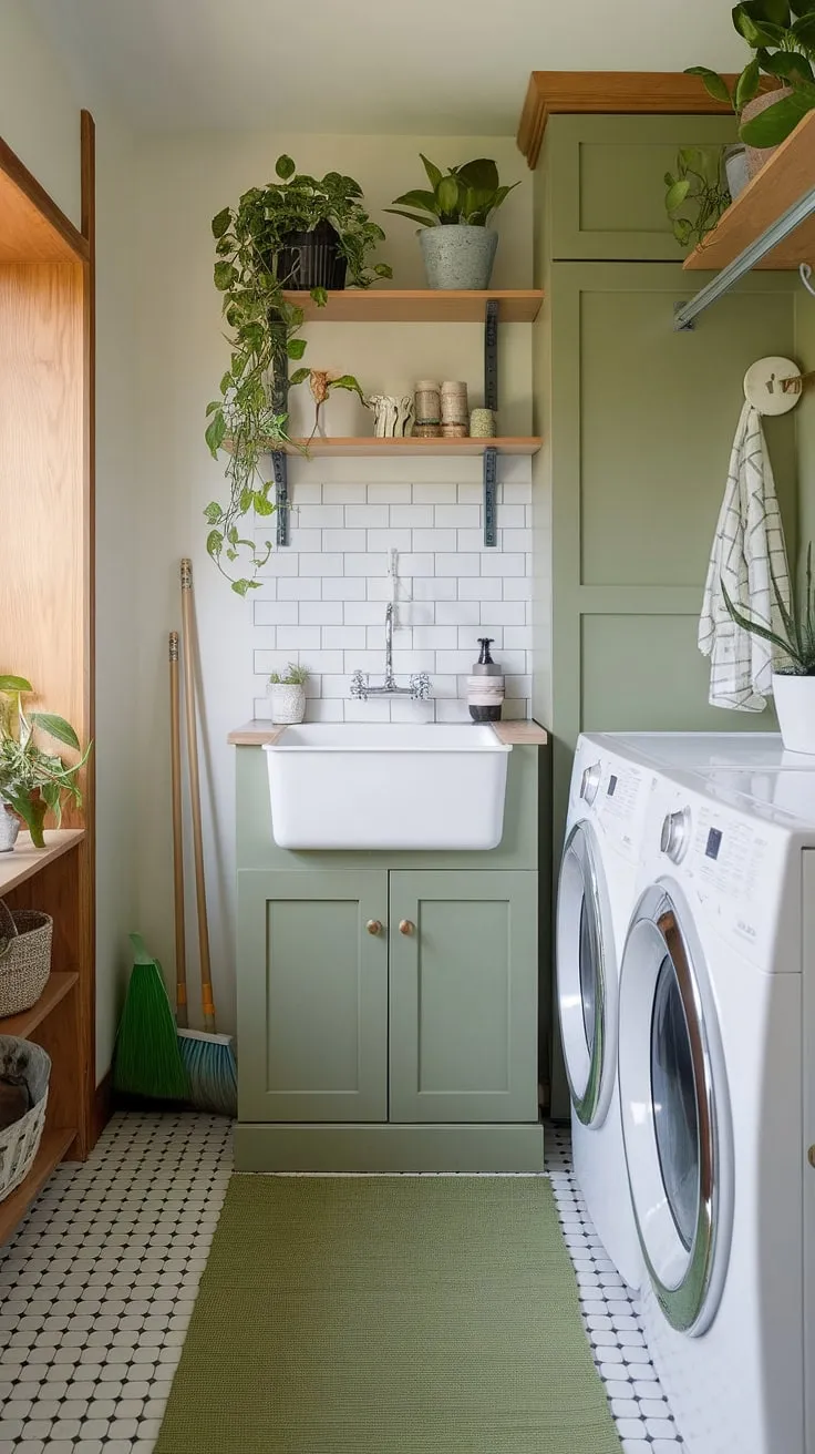 A green-themed cottage core laundry room blends modern appliances with charming details like a white sink and potted plants