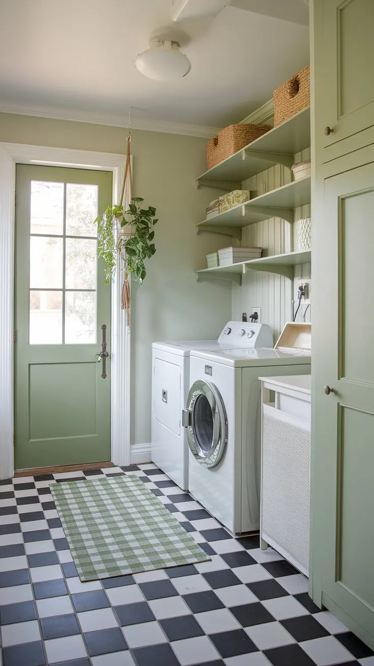 Green accents and vintage touches transform a laundry room into a charming cottage-core haven.