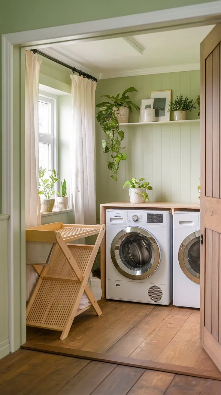 A serene green laundry room evokes cottagecore charm with wooden accents and flourishing plants