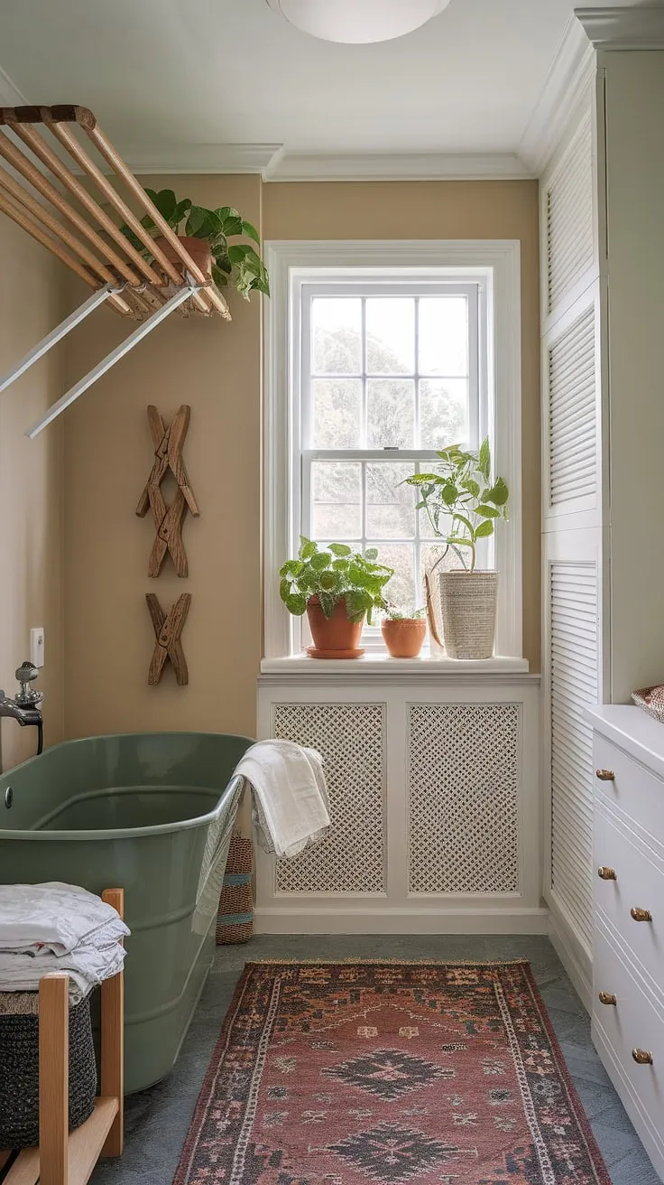 Charming cottage laundry room blends rustic wood accents and a fresh green tub, creating a delightful space.