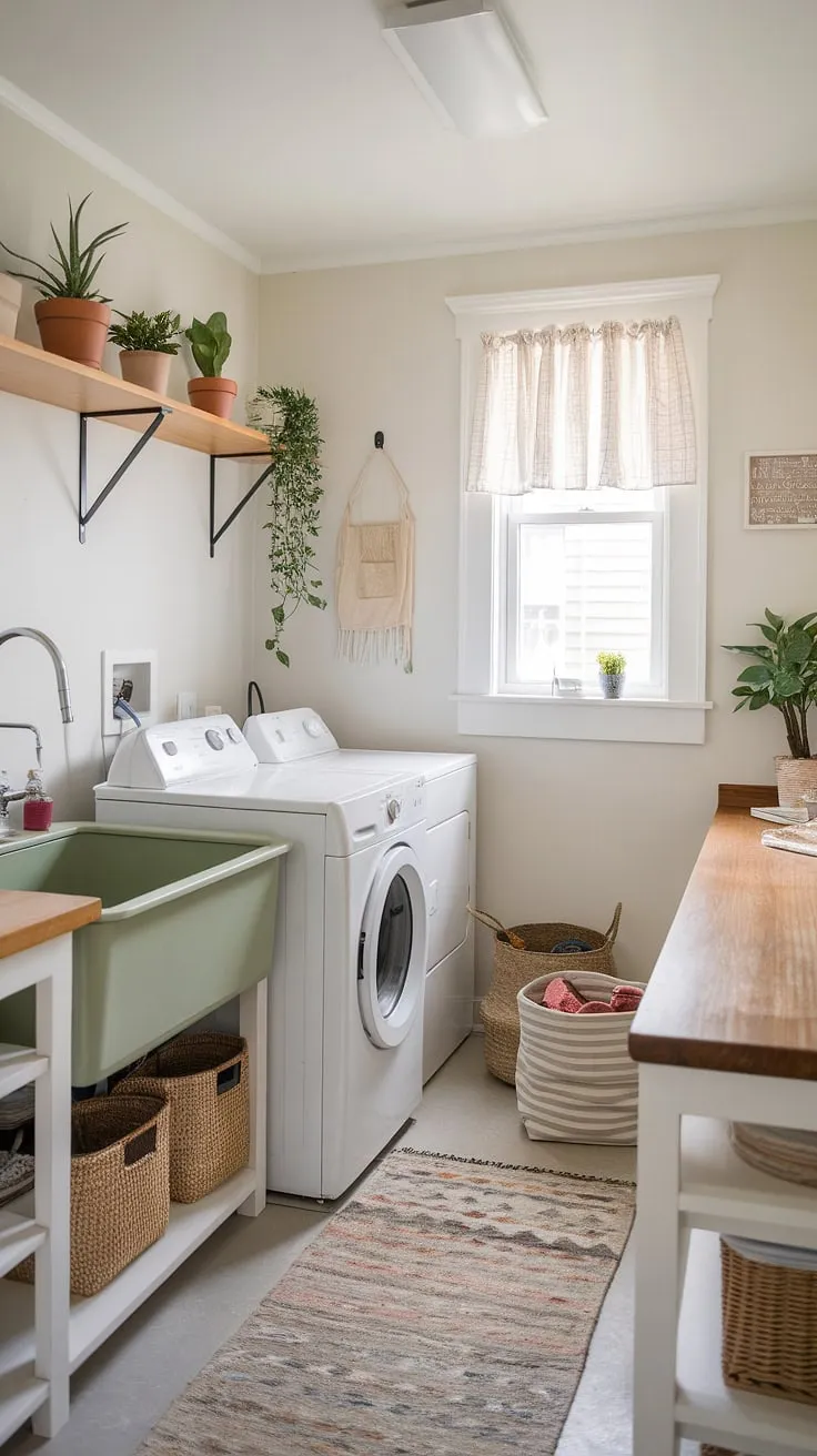 A charming cottage laundry room blends modern convenience with a clean, plant-filled aesthetic