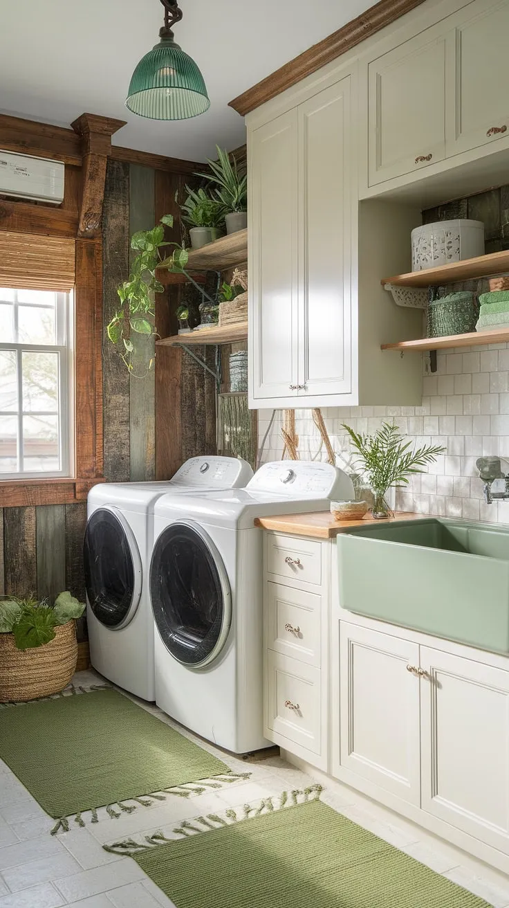 A charming cottage-core laundry room boasts a serene green palette, wooden accents, and practical appliances.