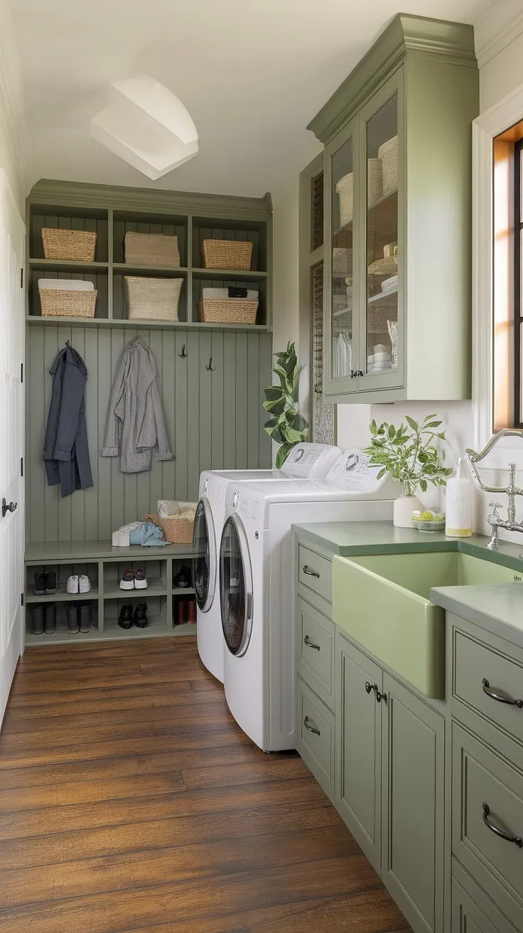 Green cabinets, sink, and countertops create a serene cottage-core laundry and mudroom haven.