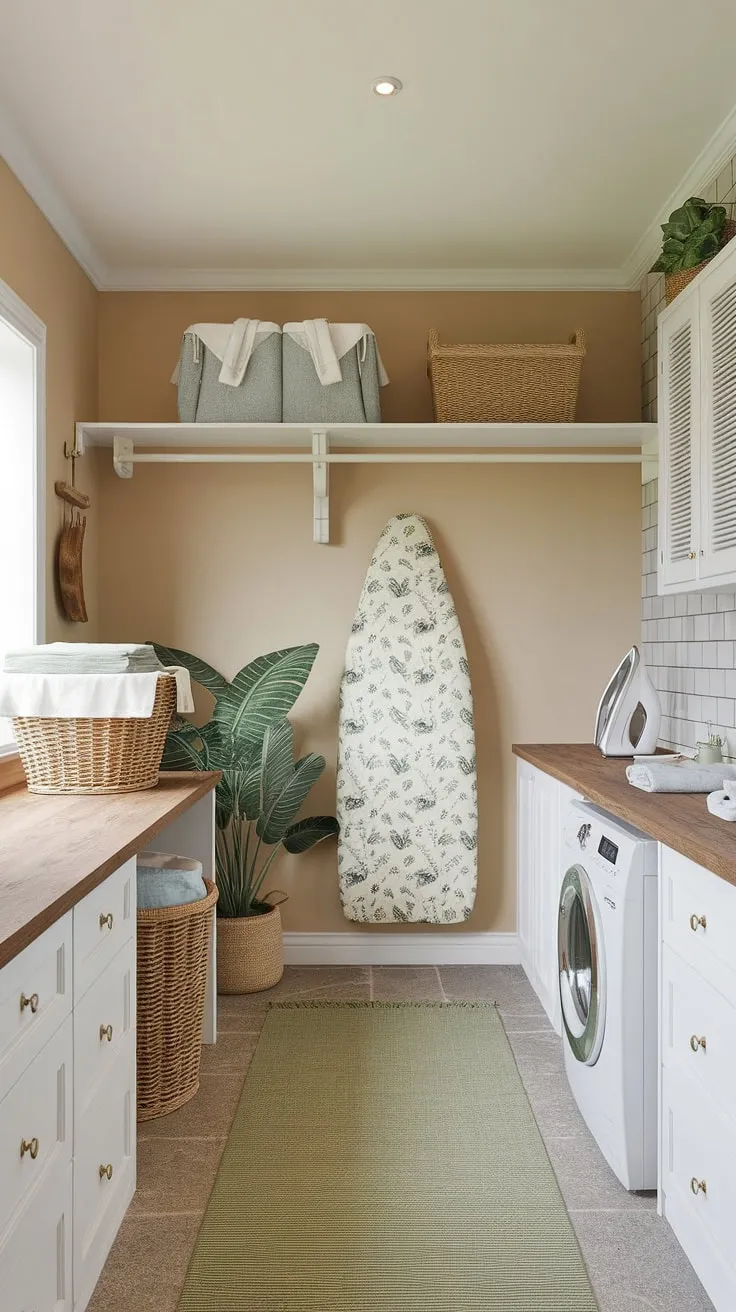 Sunlight streams into a charming cottage laundry room, its wooden counters and green rug creating a peaceful and functional space.