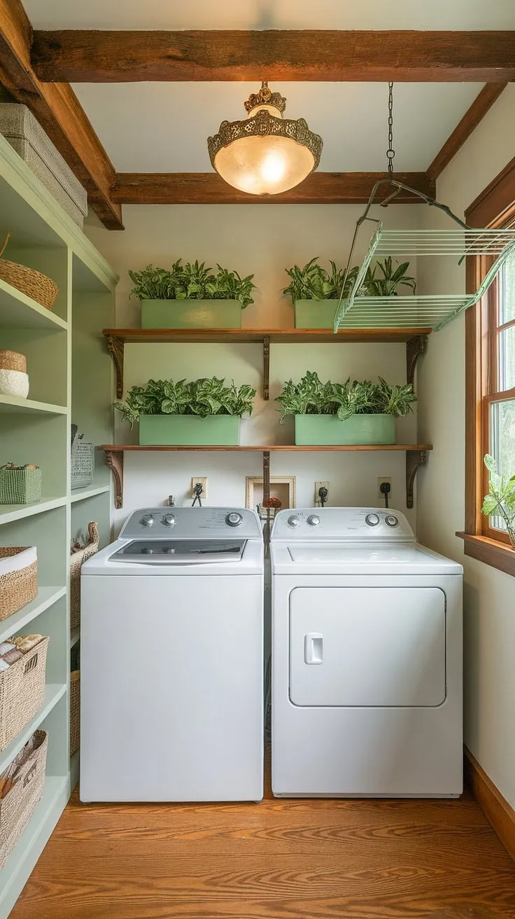 A charming green laundry room evokes cottage-core style with wooden accents and practical storage
