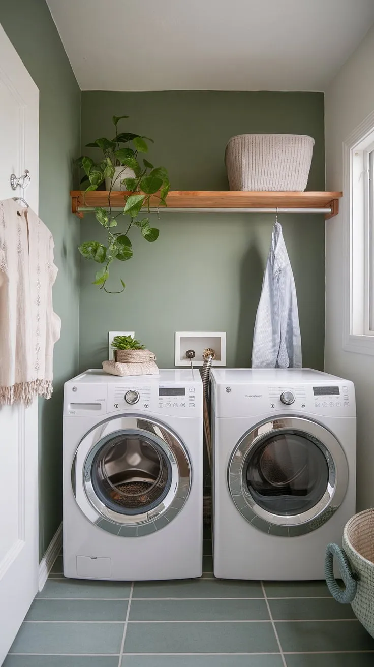 A charming cottage-core laundry room boasts a green accent wall, practical storage, and natural light.