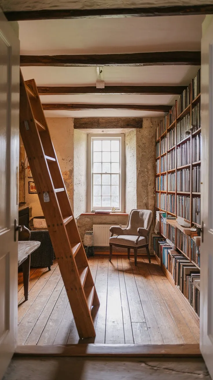 Nestled within a charming cottage, this reading room transforms into a personal hobbit library, a cozy library overflowing with stories waiting to be discovered.  A true cottagecore library, it's the perfect sanctuary for book lovers.