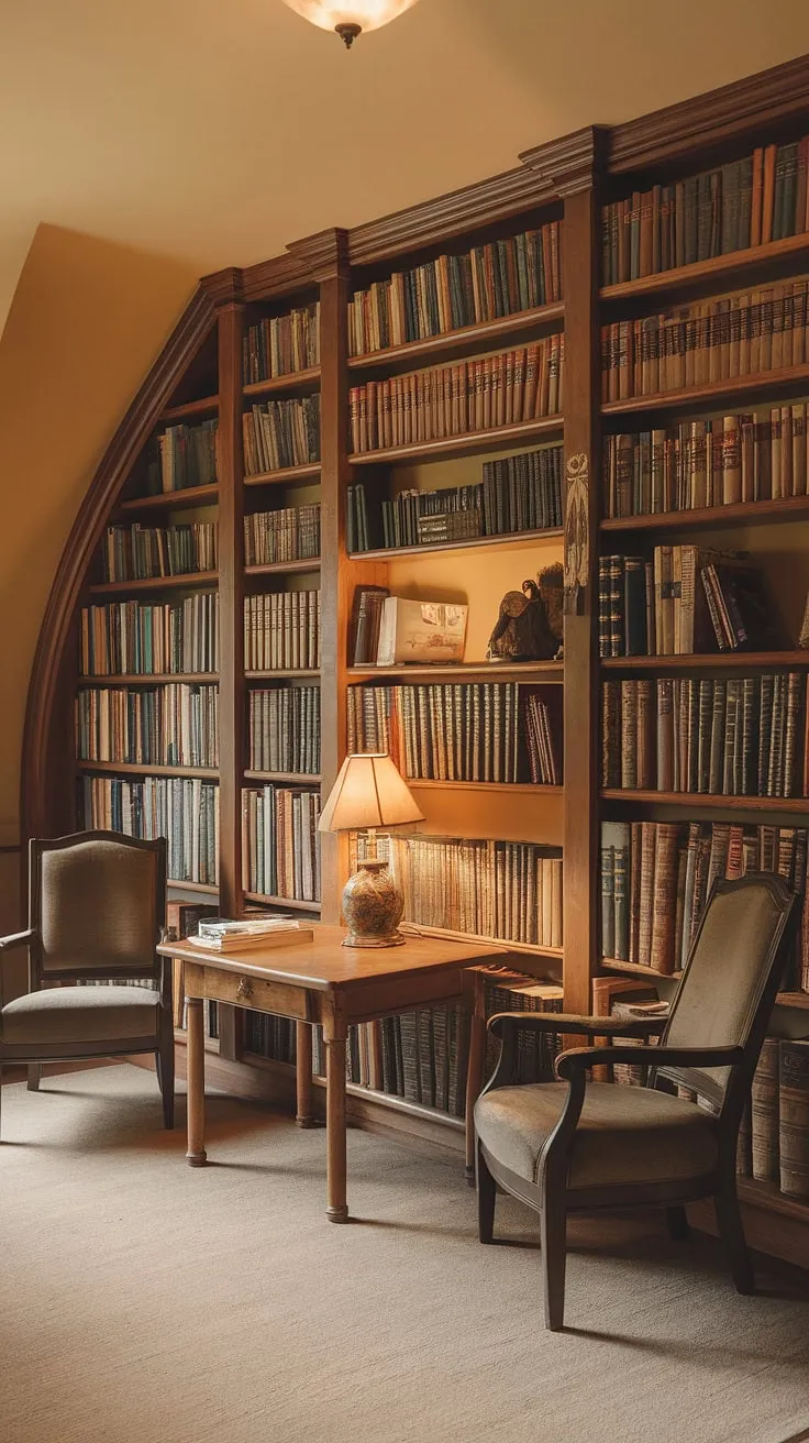 Step into a reading room straight out of a fairytale; this home library, with its cottagecore aesthetic and hobbit library vibes, is the epitome of a cozy library, a perfect sanctuary for book lovers.