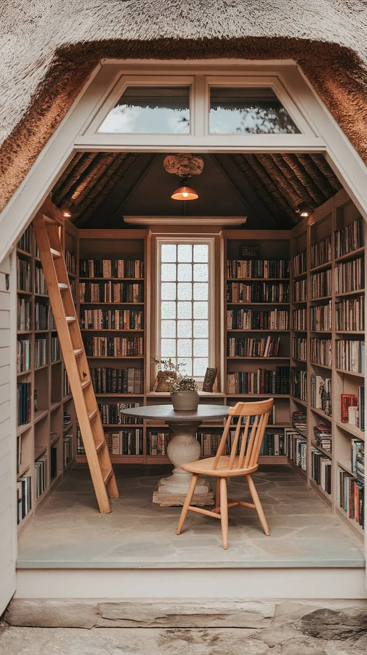 Escape to this cozy cottage library, a haven for bookworms where the spirit of a hobbit library meets cottagecore charm.  The perfect reading room, nestled within a home library overflowing with stories waiting to be discovered.