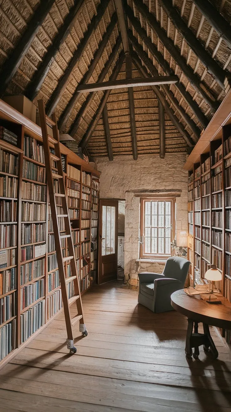 Escape to this cozy cottage library, a haven of books and quiet contemplation.  Its home library charm, reminiscent of a hobbit library, makes it the perfect reading room for those seeking a cottagecore escape.