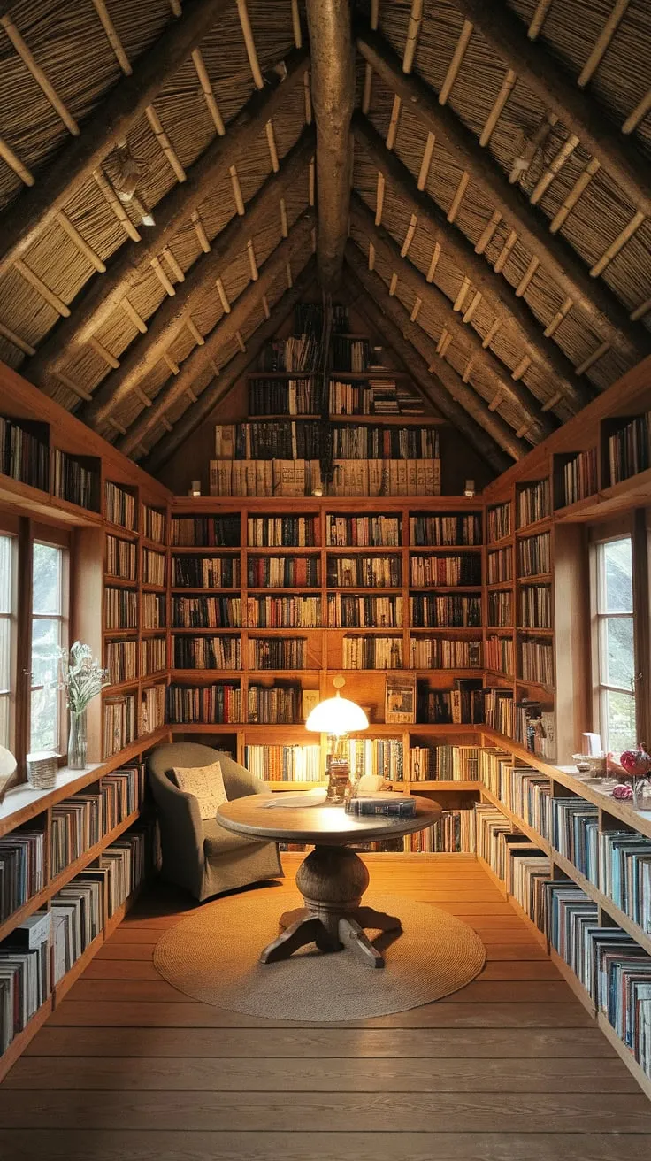 Escape to this cozy cottage library, a haven of books and quiet contemplation; a home library where the spirit of cottagecore meets the whimsical charm of a hobbit library, perfect for losing yourself in a good read.