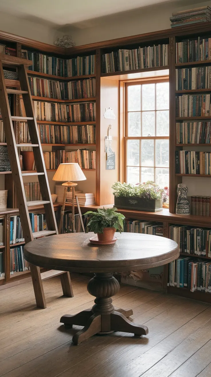 Step into my hobbit library, a charming cottage library nestled within a cozy cottage home.  The wooden shelves overflow with tales waiting to be discovered, while the large wooden table beckons you to settle in for an afternoon of reading. This home library, a perfect reading room, embodies the essence of cottagecore, a space where imagination flourishes.