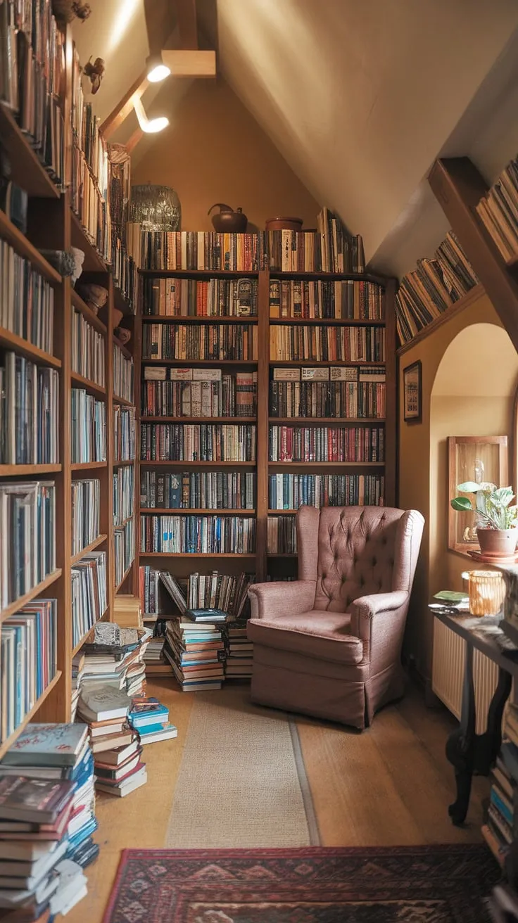 Step into my hobbit library, a charming cottage library overflowing with stories. This cozy library, a perfect reading room and home library, offers a cottagecore escape where every corner whispers of adventure. Settle into the plush armchair and let the magic of books transport you.