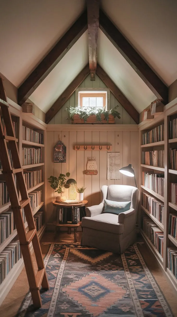 Nestled within this hobbit library, a home library brimming with cottagecore charm, is a reading room designed for pure comfort.  The wooden shelves overflowing with stories, the inviting armchair, and the warm light create the perfect cottage library escape.