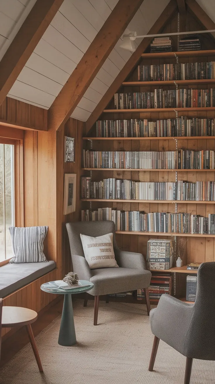 Escape to this cozy cottage library, a true home library where the sloping roof and wooden walls whisper tales of ages past.  A perfect reading room, this cottagecore library feels like a hobbit library come to life, inviting you to curl up with a good book and lose yourself in its enchanting atmosphere.
