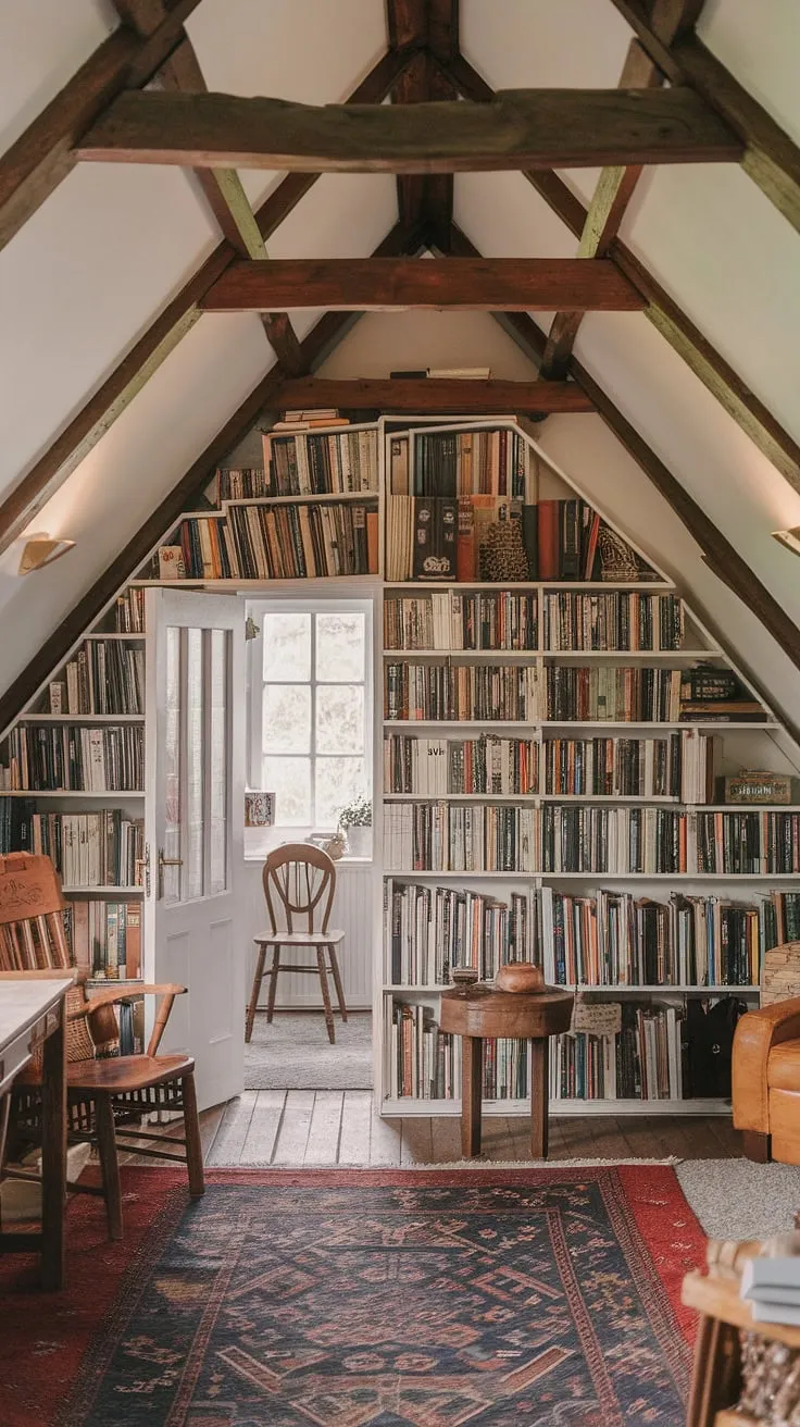 Lost in the pages of a thousand stories within this cozy cottage library.  A home library, a reading room, a haven of cottagecore charm—it feels like stepping into a hobbit's secret burrow, filled with the quiet magic of well-loved books.