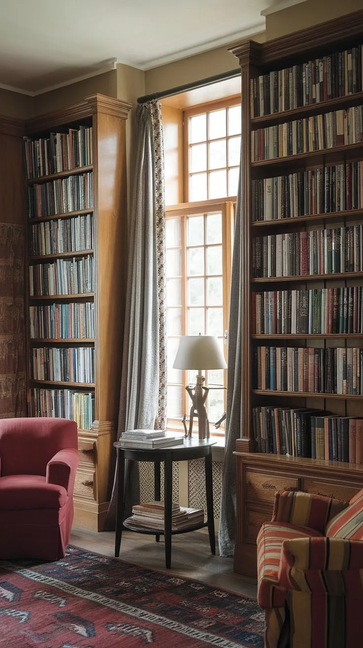 Escape to this cozy cottage library, a haven of home library bliss where the spirit of cottagecore meets the whimsical charm of a hobbit library; a reading room built for quiet contemplation and literary adventures.