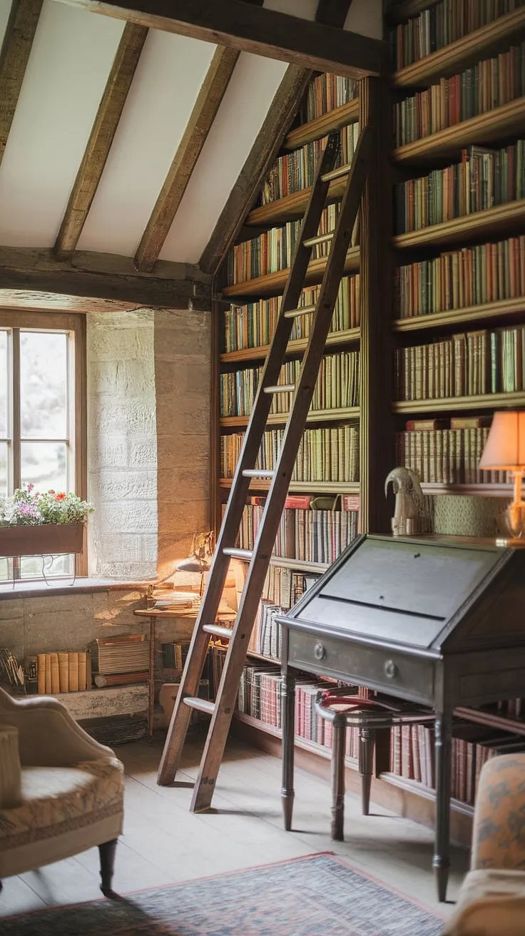 Step into my hobbit library, a cottagecore dream come true. This cozy library, with its wooden shelves overflowing with stories and a sunlit window seat, is the ultimate reading room.  The rustic stone walls and wooden beams of this home library create an atmosphere of pure enchantment.
