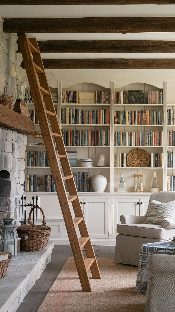 Escape to this cozy cottage library, a haven for book lovers.  The rustic charm, complete with a wooden ladder reaching for literary treasures, creates the perfect reading room, a true cottagecore library straight out of a hobbit's dream.  This home library is where stories come alive.