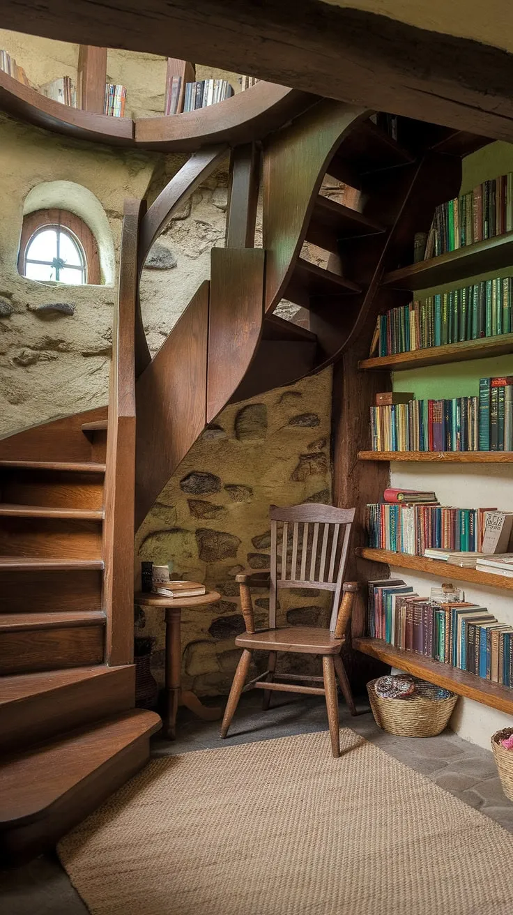 Imagine curling up with a good book in this enchanting hobbit library.  A true cottagecore library, this cozy reading room and home library offers a haven of peace and quiet within its stone walls.  The perfect cottage library escape.