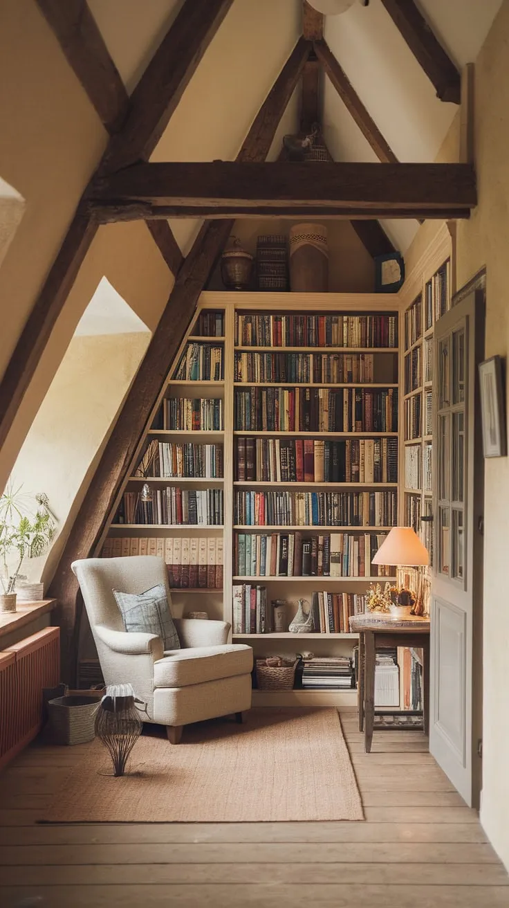 Escape to this cozy cottage library, a haven of books and quiet contemplation; a home library where the spirit of cottagecore meets the whimsical charm of a hobbit library, perfect for losing yourself in a good read.