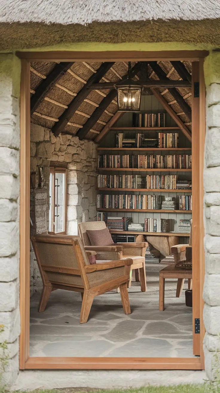 Escape to this cozy cottage library, a haven of books and quiet contemplation.  Its home library charm, reminiscent of a hobbit library, makes it the perfect reading room for a cottagecore dream.