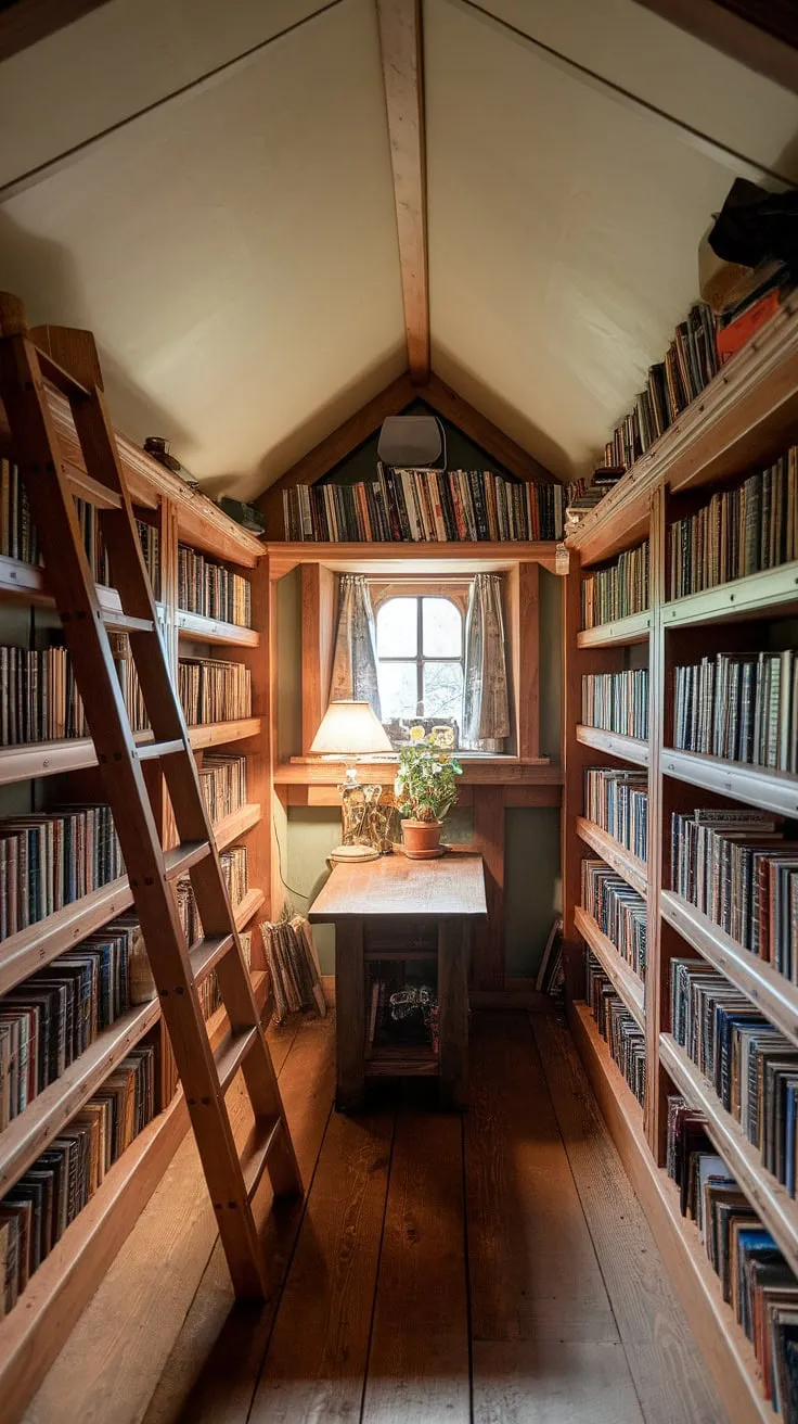 Escape to this cozy cottage library, a haven of books and quiet contemplation; a home library where the spirit of cottagecore meets the whimsical charm of a hobbit library, perfect for losing yourself in a good read.